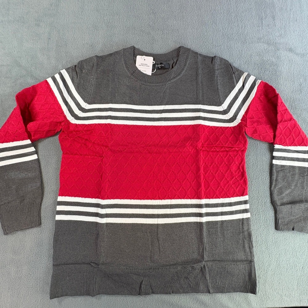 ZESICA‎ Mens XL Colorblock Striped Sweater Grey Red White Diamond Knit Crew Neck